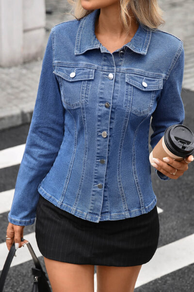 Alternative view of Blue Washed Stretch Slim-Fit Long Sleeve Denim Jacket
