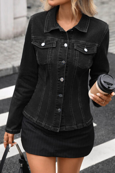 Alternative view of Black Color Washed Stretch Slim Fit Long Sleeve Denim Jacket