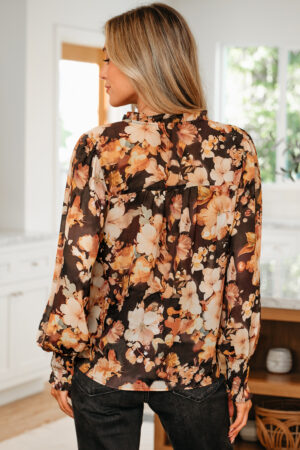 Black Floral V Neck Long Puff Sleeve Breezy Blouse - Image 5