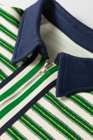 Dark Green Striped Print Contrast Collar Zip V Neck Long Sleeve Top - Image 4