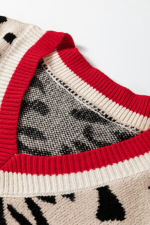 Khaki Leopard Pattern V-Neck Contrast Rib Knitted Sweater - Image 7