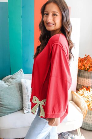 Fiery Red Floral Bow Patched Exposed Seam Patchwork Slit Baggy Sweatshirt - Image 2