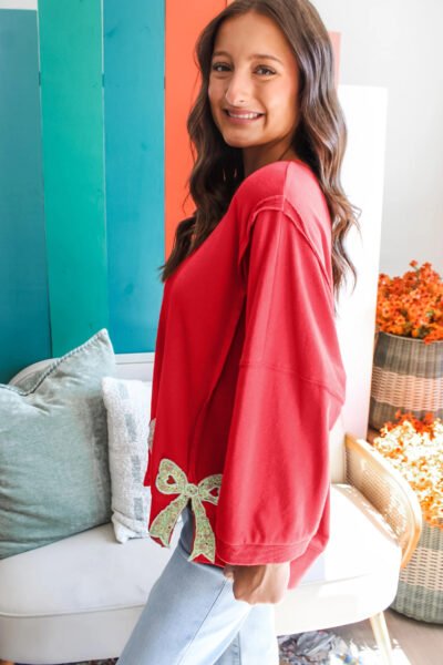 Alternative view of Fiery Red Floral Bow Patched Exposed Seam Patchwork Slit Baggy Sweatshirt