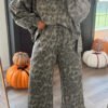 Gray Leopard Print Raw Seam Patchwork Pullover Drawstring Loose Pant Set