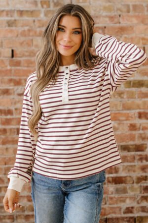 Red Dahlia Striped Print Drop Shoulder Long Sleeve Henley Top - Image 16