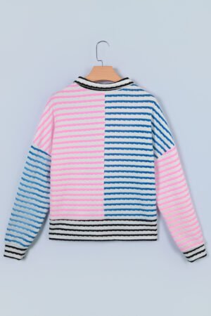Multicolour Striped Color Block Patchwork Half Zip Drop Shoulder Long Sleeve Top - Image 6