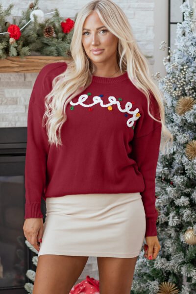 Racing Red Merry Colorful Dot Detail Christmas Drop Shoulder Sweater