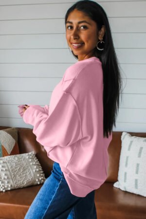 Alternative view of Pink Horizontal Ribbed Exposed Seam Detail Drop Shoulder Baggy Pullover
