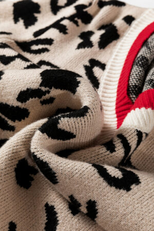 Khaki Leopard Pattern V-Neck Contrast Rib Knitted Sweater - Image 9