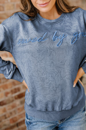 Real Teal saved by grace Letter Embroidery Mineral Wash Loose Sweatshirt - Image 17