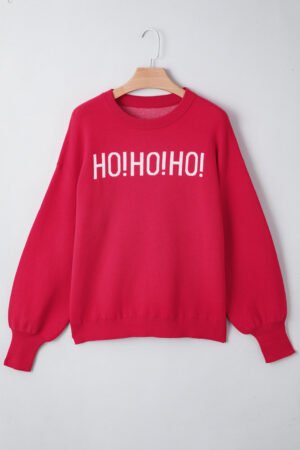 Fiery Red HO HO HO MERRY CHRISTMAS Drop Shoulder Loose Sweater - Image 4