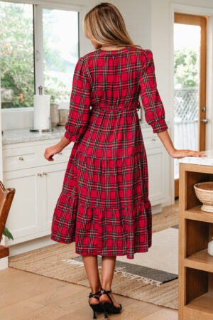Red Christmas Plaid V Neck 3/4 Sleeve Tie Waist Ruffle Hem Long Dress - Image 7