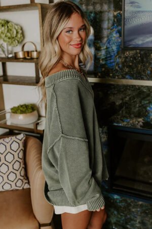 Alternative view of Four Leaf Clover Mineral Wash V Neck Knit Exposed Seam Drop Shoulder Loose Sweater