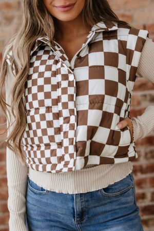 Brown Double Checked Stand Collar Cropped Puffer Vest - Image 16