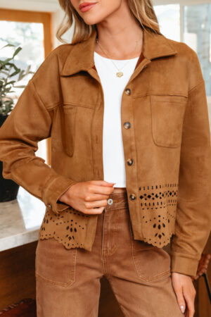 Thai Curry Solid Color Faux Suede Hollowed Detail Retro Style Jacket - Image 13