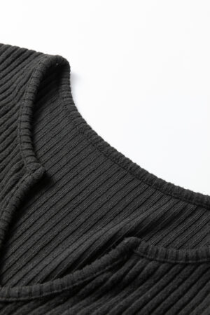Black Ribbed Notched Neck Knit Long Sleeve Leggings Two Pieces Lounge Set - Image 12