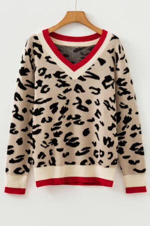Khaki Leopard Pattern V-Neck Contrast Rib Knitted Sweater - Image 5