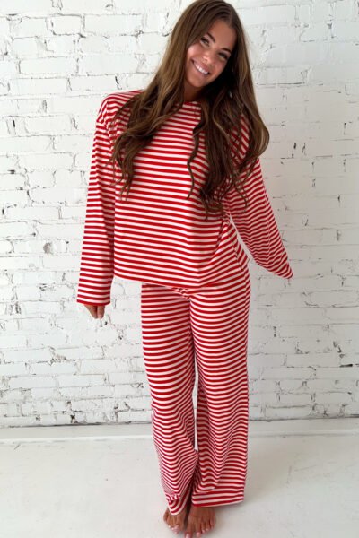 Alternative view of Red Stripe Drop Shoulder Long Sleeve Top Lounge Pants 2pcs Set