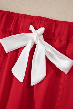 Fiery Red Contrast Trim Button V Neck Ribbon Bow Knot Waist 2pcs Lounge Pant Set - Image 12