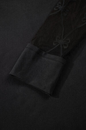 Black Solid Color Bow Textured Patchwork Long Sleeve Tee - Image 8