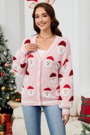 Pink Christmas Santa Claus Pattern Button V Neck Sweater Cardigan - Image 5