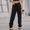 Black Denim Multi Pocket Cargo Pants with Long Belt