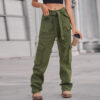 Jungle Green Denim Multi Pocket Cargo Pants with Long Belt