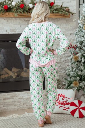 Green Bow Christmas Tree Print Contrast Striped Banding 2pcs Lounge Set - Image 4