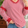 Red Stripe Exposed Seam V Neck Balloon Sleeve Pullover