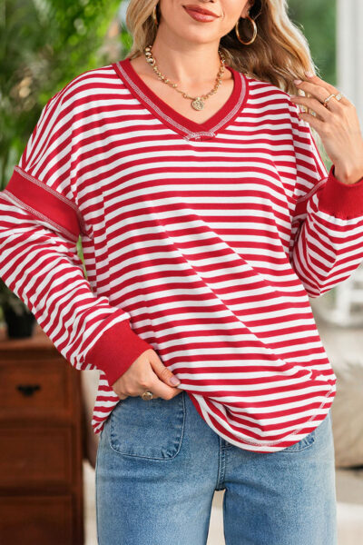 Red Stripe Exposed Seam V Neck Balloon Sleeve Pullover