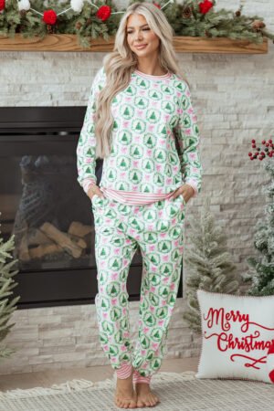 Green Bow Christmas Tree Print Contrast Striped Banding 2pcs Lounge Set - Image 2
