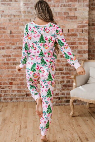 Alternative view of Pink Christmas Pattern Button V Neck Pullover Drawstring Pants 2pcs Lounge Set