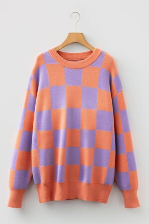 Grapefruit Orange Checkered Pattern Ribbed Trim Knit Baggy Sweater - Image 6