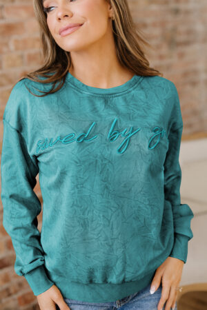 Sea Green saved by grace Letter Embroidery Mineral Wash Loose Sweatshirt - Image 12