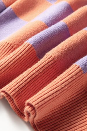 Grapefruit Orange Checkered Pattern Ribbed Trim Knit Baggy Sweater - Image 11