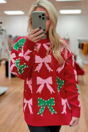 Fiery Red Bow Pearl Embellished Christmas Holiday Sweater - Image 6
