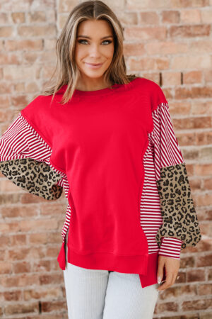 Racing Red Striped Patchwork Sleeve Colorblock Sweatshirt - Image 4