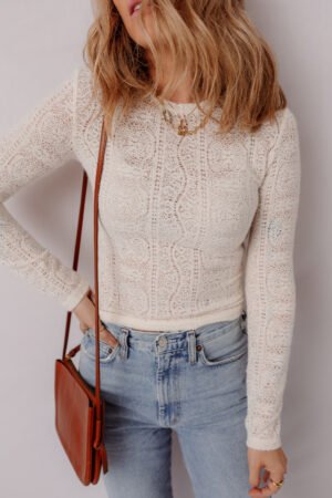 Jet Stream Semi Sheer Lace Long Sleeve Cropped Top - Image 4