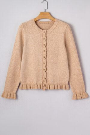 Oatmeal Ruffle Trim Gold Button Sweater Cardigan - Image 6
