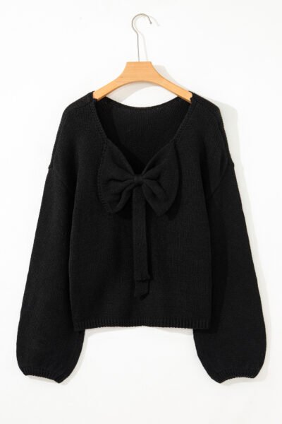 Black Festive Bow Backless Bubble Sleeve Sweater