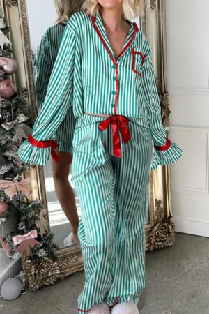 Green Stripe Contrast Velvet Trim Bow Knot Waist 2pcs Pajama Set