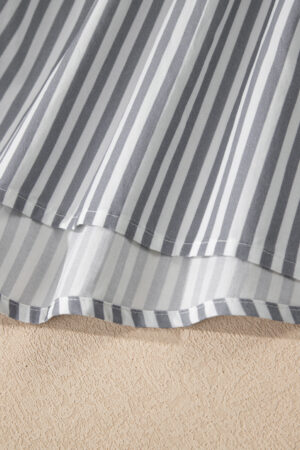 Gray Stripe Half Button Gauze Patchwork Bracelet Sleeve Babydoll Blouse - Image 10