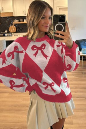 Red Bow Print 2-tone Rhombus Knit Loose Sweater - Image 3