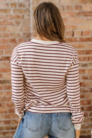Red Dahlia Striped Print Drop Shoulder Long Sleeve Henley Top - Image 10