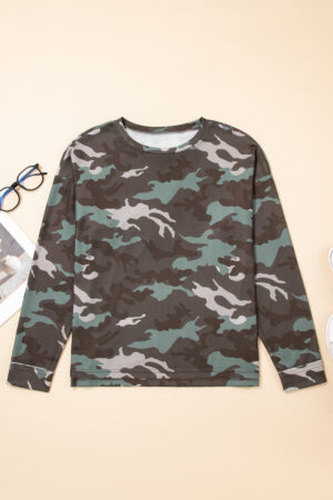 Green Camouflage Print Textured Drop Shoulder Long Sleeve Top - Image 5