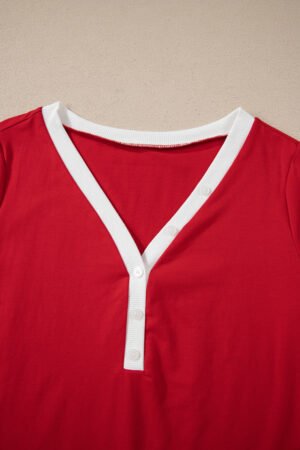 Fiery Red Contrast Trim Button V Neck Ribbon Bow Knot Waist 2pcs Lounge Pant Set - Image 5