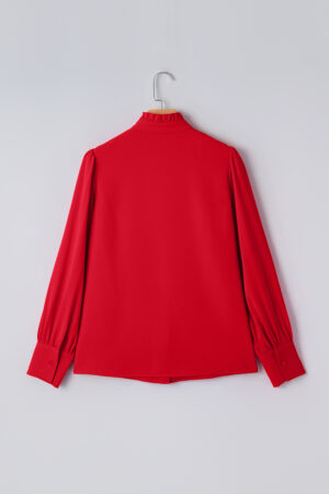 Fiery Red Frilled Trim Button Up Pleated Long Sleeve Shirt - Image 10