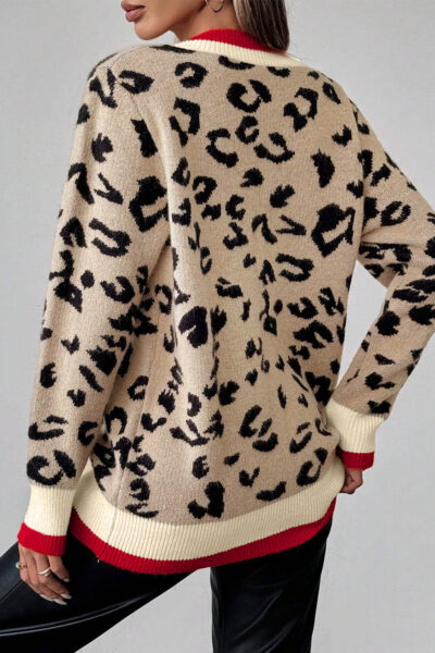 Khaki Leopard Pattern V-Neck Contrast Rib Knitted Sweater