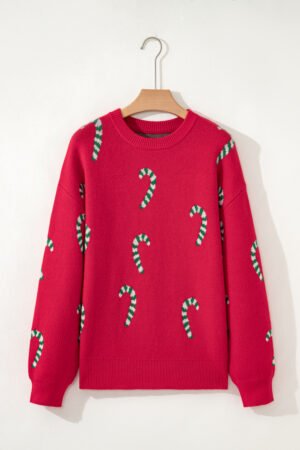 Racing Red Christmas Candy Cane Holiday Drop Shoulder Sweater - Image 6