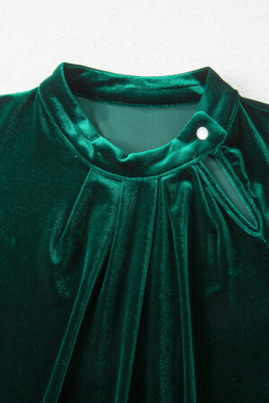 Evergreen Asymmetric Button Keyhole Neck Long Sleeve Velvet Blouse - Image 7